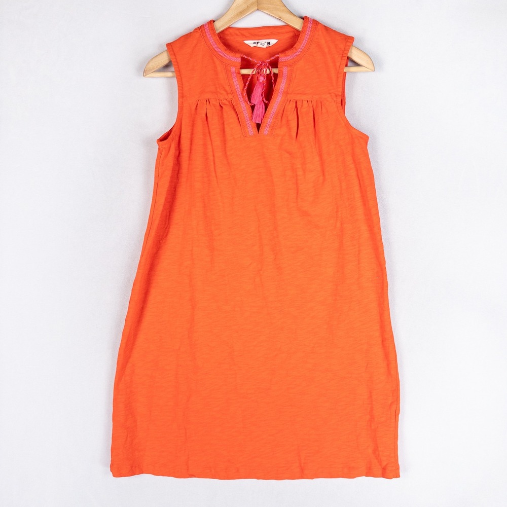 Boden Women Shift Dress US 0 Orange Embroidered Tassel Slub Cotton Casual Summer